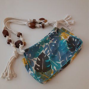 Blue tropical print cotton/ linen  mini bag with wood & rope strap